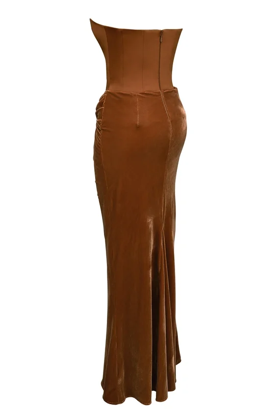 Persephone Coffee Velvet Strapless Corset Maxi Dress Persephone Coffee Velvet Strapless Corset Maxi Dress