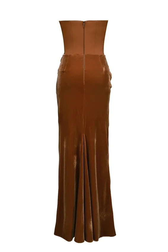 Persephone Coffee Velvet Strapless Corset Maxi Dress Persephone Coffee Velvet Strapless Corset Maxi Dress