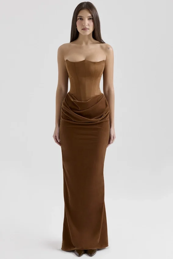 Persephone Coffee Velvet Strapless Corset Maxi Dress Persephone Coffee Velvet Strapless Corset Maxi Dress