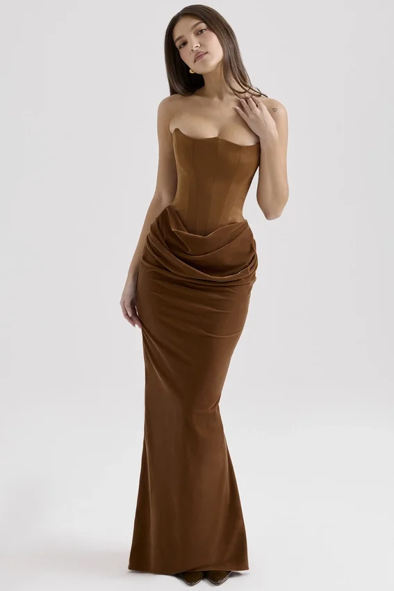 Persephone Coffee Velvet Strapless Corset Maxi Dress Persephone Coffee Velvet Strapless Corset Maxi Dress