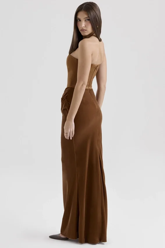 Persephone Coffee Velvet Strapless Corset Maxi Dress Persephone Coffee Velvet Strapless Corset Maxi Dress