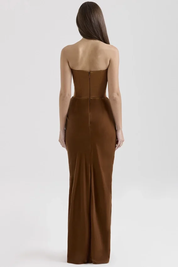 Persephone Coffee Velvet Strapless Corset Maxi Dress Persephone Coffee Velvet Strapless Corset Maxi Dress