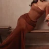 Persephone Coffee Velvet Strapless Corset Maxi Dress Persephone Coffee Velvet Strapless Corset Maxi Dress