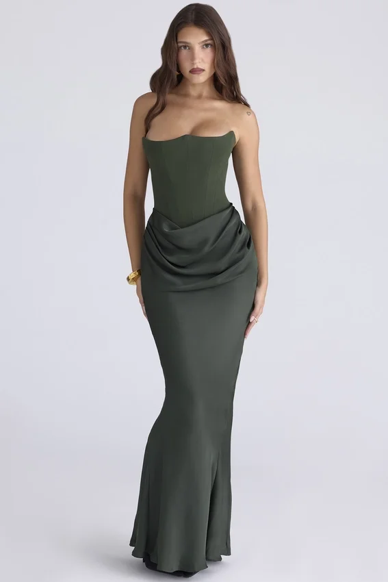 Persephone Emerald Green Crepe Strapless Corset Maxi Dress Persephone Emerald Green Crepe Strapless Corset Maxi Dress