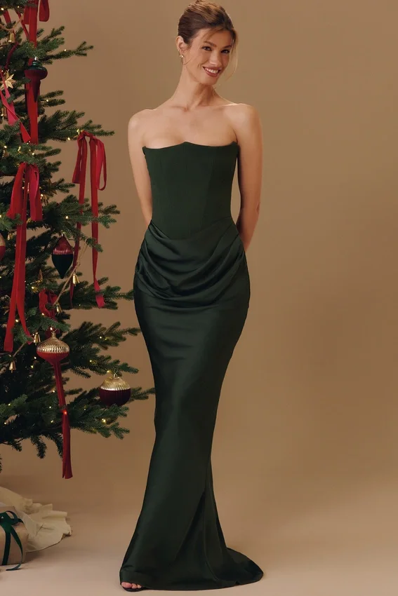Persephone Emerald Green Crepe Strapless Corset Maxi Dress Persephone Emerald Green Crepe Strapless Corset Maxi Dress