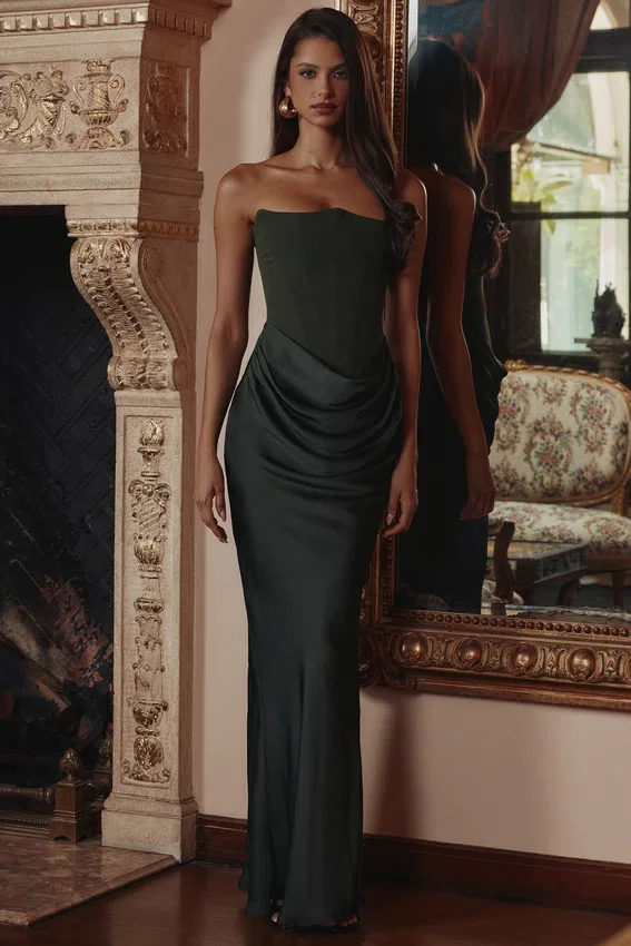 Persephone Emerald Green Crepe Strapless Corset Maxi Dress Persephone Emerald Green Crepe Strapless Corset Maxi Dress