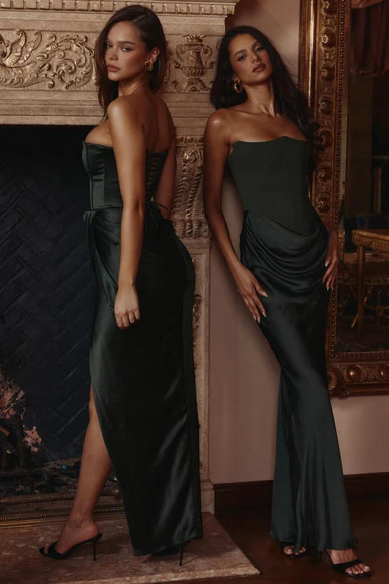 Persephone Emerald Green Crepe Strapless Corset Maxi Dress Persephone Emerald Green Crepe Strapless Corset Maxi Dress