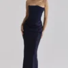Persephone Navy Satin + Crepe Strapless Corset Maxi Dress Persephone Navy Satin + Crepe Strapless Corset Maxi Dress