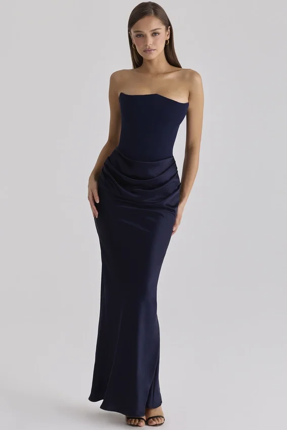Persephone Navy Satin + Crepe Strapless Corset Maxi Dress Persephone Navy Satin + Crepe Strapless Corset Maxi Dress
