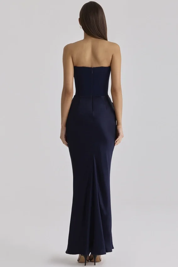 Persephone Navy Satin + Crepe Strapless Corset Maxi Dress Persephone Navy Satin + Crepe Strapless Corset Maxi Dress