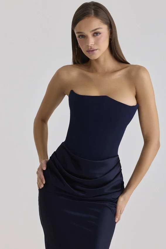 Persephone Navy Satin + Crepe Strapless Corset Maxi Dress Persephone Navy Satin + Crepe Strapless Corset Maxi Dress