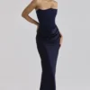 Persephone Navy Satin + Crepe Strapless Corset Maxi Dress Persephone Navy Satin + Crepe Strapless Corset Maxi Dress