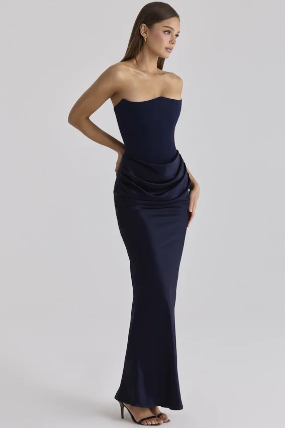Persephone Navy Satin + Crepe Strapless Corset Maxi Dress Persephone Navy Satin + Crepe Strapless Corset Maxi Dress