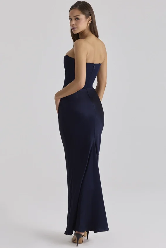 Persephone Navy Satin + Crepe Strapless Corset Maxi Dress Persephone Navy Satin + Crepe Strapless Corset Maxi Dress