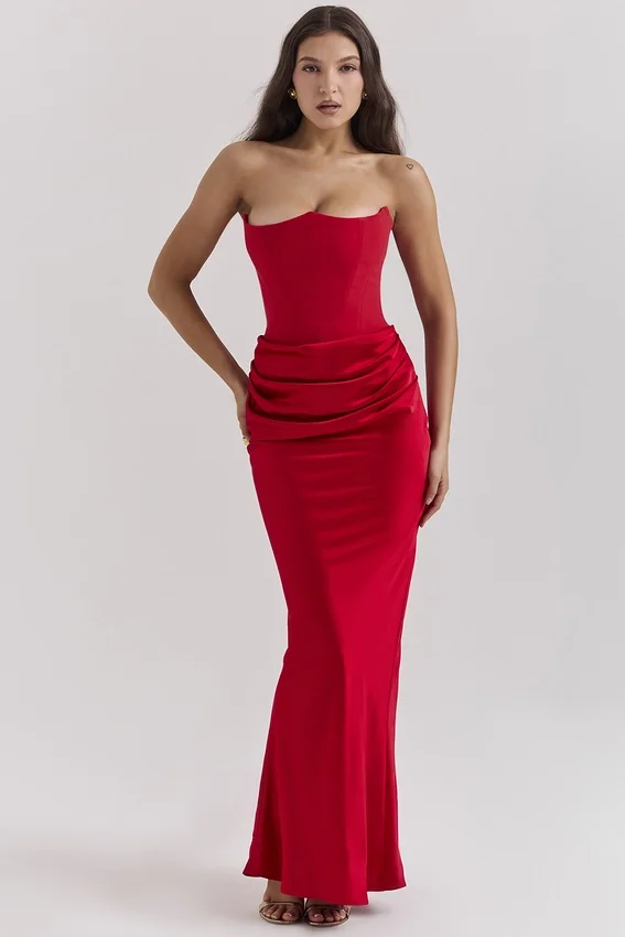 Persephone Scarlet Strapless Corset Maxi Dress Persephone Scarlet Strapless Corset Maxi Dress