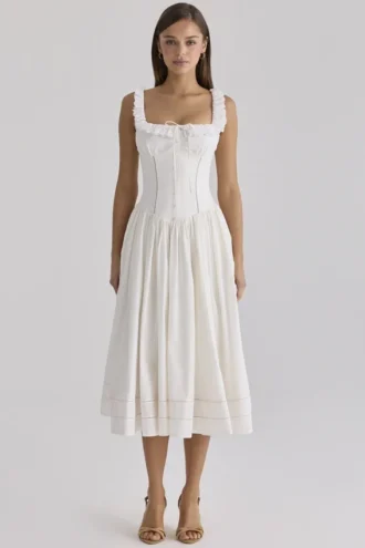 Phoebe White Cotton Broderie Anglaise Trim Midi Dress