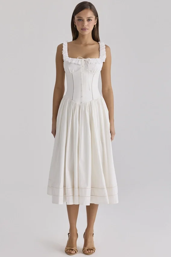 Phoebe White Cotton Broderie Anglaise Trim Midi Dress Phoebe White Cotton Broderie Anglaise Trim Midi Dress