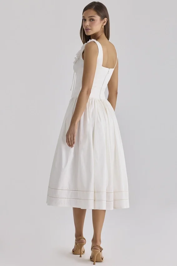 Phoebe White Cotton Broderie Anglaise Trim Midi Dress Phoebe White Cotton Broderie Anglaise Trim Midi Dress