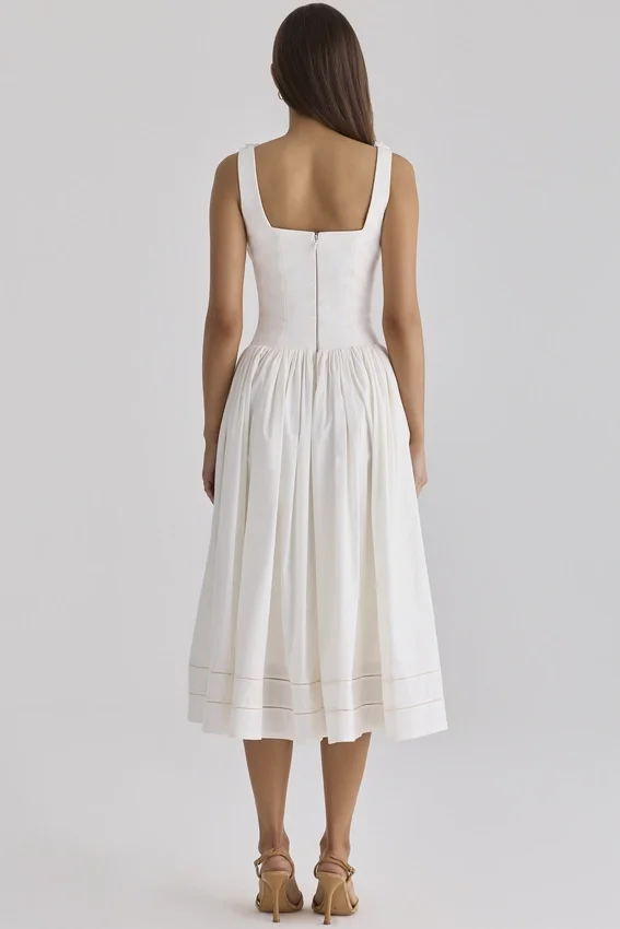 Phoebe White Cotton Broderie Anglaise Trim Midi Dress Phoebe White Cotton Broderie Anglaise Trim Midi Dress