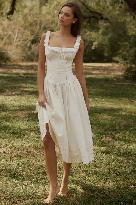 Phoebe White Cotton Broderie Anglaise Trim Midi Dress Phoebe White Cotton Broderie Anglaise Trim Midi Dress