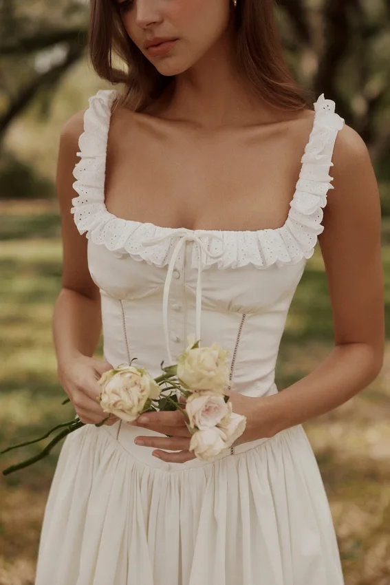 Phoebe White Cotton Broderie Anglaise Trim Midi Dress Phoebe White Cotton Broderie Anglaise Trim Midi Dress