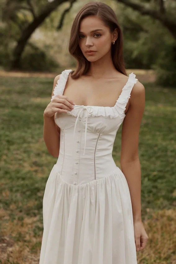 Phoebe White Cotton Broderie Anglaise Trim Midi Dress Phoebe White Cotton Broderie Anglaise Trim Midi Dress