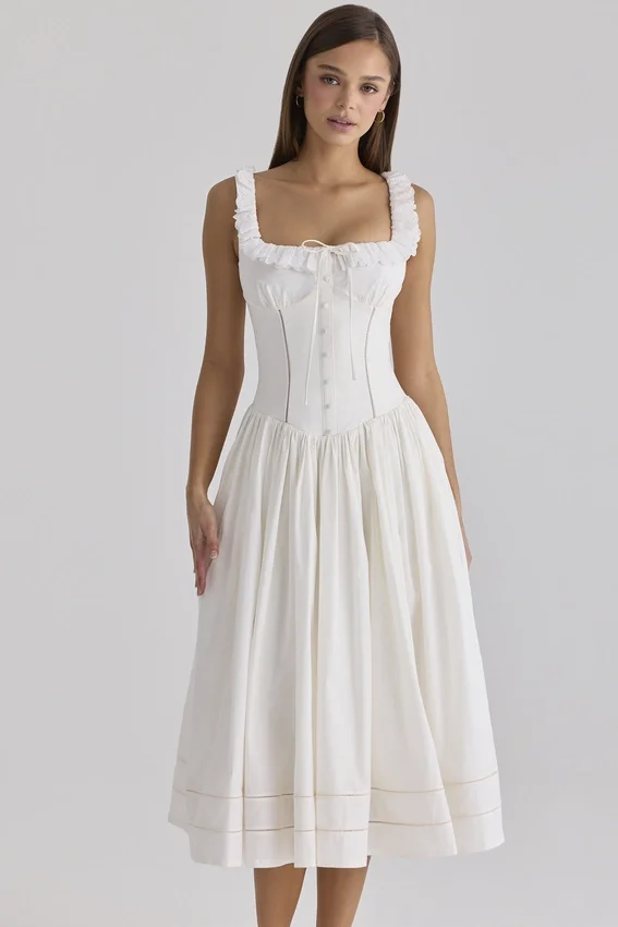 Phoebe White Cotton Broderie Anglaise Trim Midi Dress Phoebe White Cotton Broderie Anglaise Trim Midi Dress