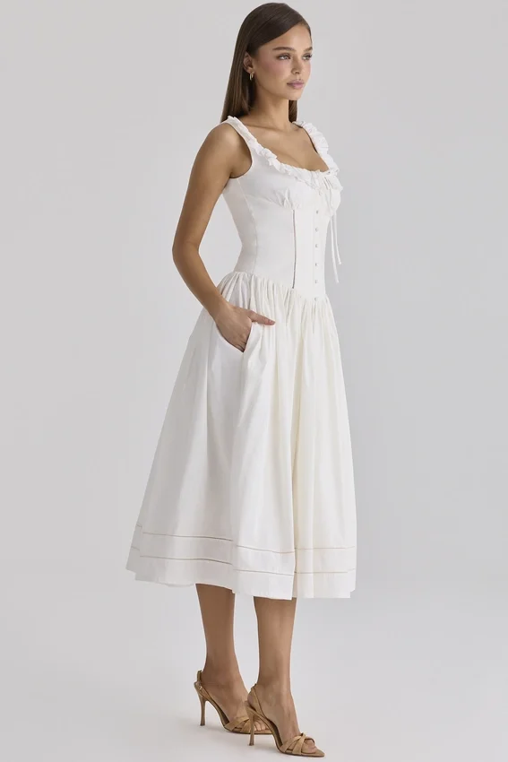 Phoebe White Cotton Broderie Anglaise Trim Midi Dress Phoebe White Cotton Broderie Anglaise Trim Midi Dress