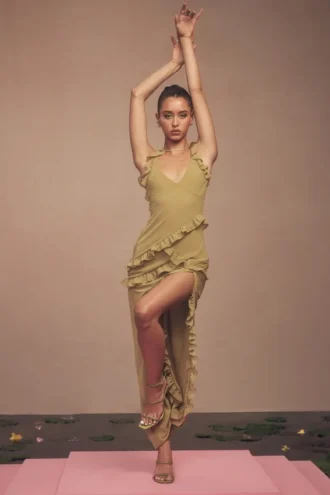 Pixie Olive Ruffle Maxi Dress
