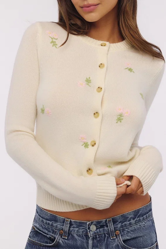 Poppie Cream Wool + Cashmere Pink Floral Embroidered Cardigan Poppie Cream Wool + Cashmere Pink Floral Embroidered Cardigan