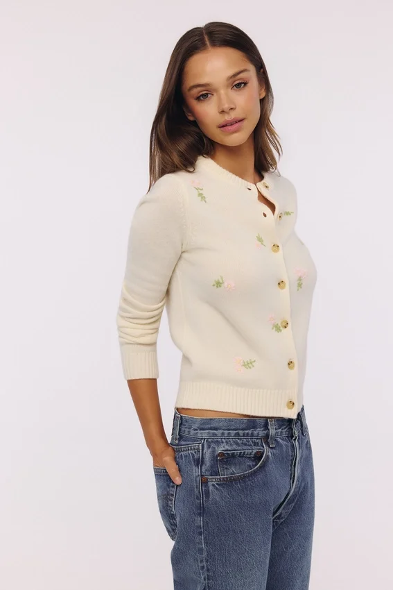 Poppie Cream Wool + Cashmere Pink Floral Embroidered Cardigan Poppie Cream Wool + Cashmere Pink Floral Embroidered Cardigan