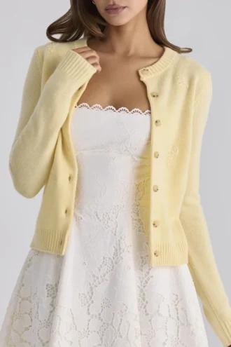 Poppie Lemon Wool + Cashmere Floral Embroidered Cardigan