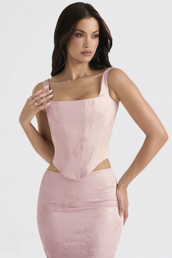 Rafa Pink Floral Satin Longline Corset Rafa Pink Floral Satin Longline Corset