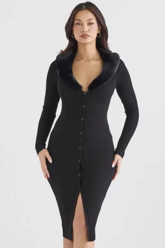 Raine Black Faux Fur Trim Dress