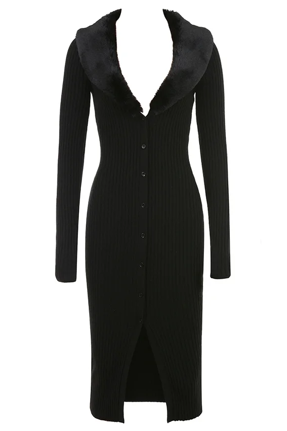 Raine Black Faux Fur Trim Dress Raine Black Faux Fur Trim Dress