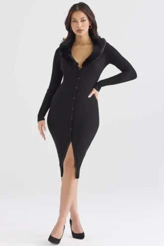 Raine Black Faux Fur Trim Dress