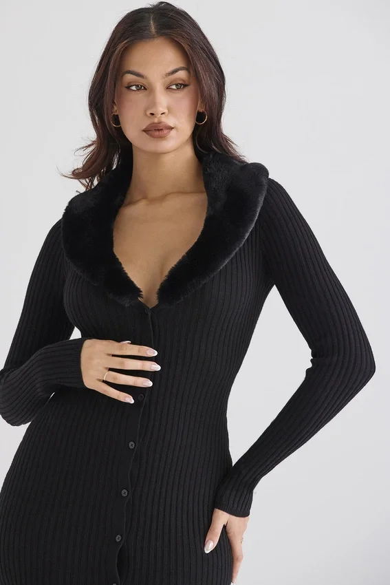 Raine Black Faux Fur Trim Dress Raine Black Faux Fur Trim Dress