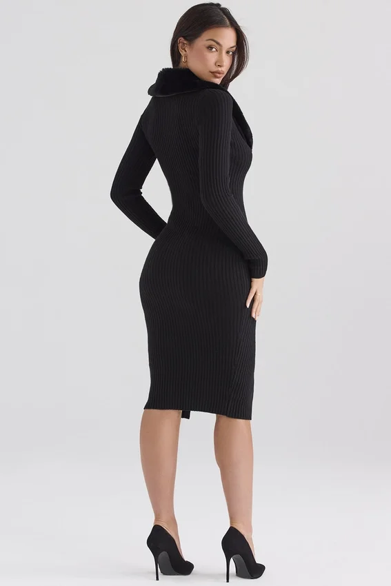 Raine Black Faux Fur Trim Dress Raine Black Faux Fur Trim Dress