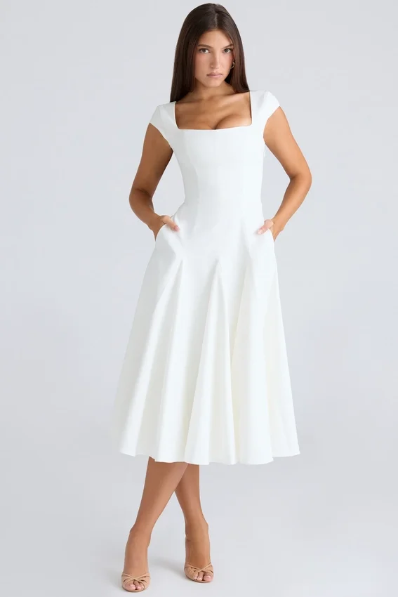 Raisa White Square Neck Twill Midi Dress Raisa White Square Neck Twill Midi Dress