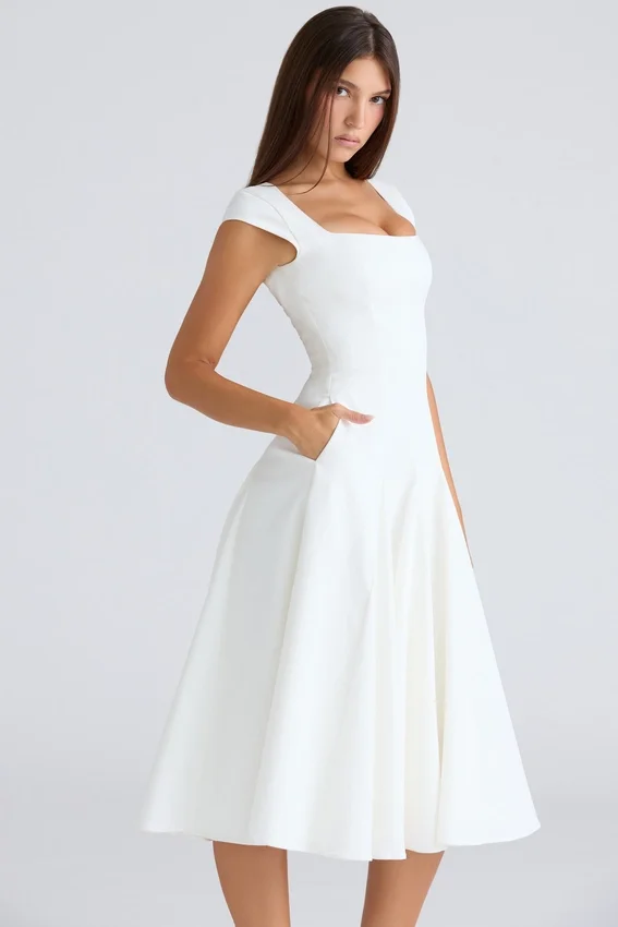 Raisa White Square Neck Twill Midi Dress Raisa White Square Neck Twill Midi Dress
