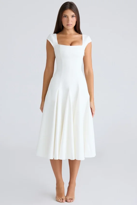 Raisa White Square Neck Twill Midi Dress Raisa White Square Neck Twill Midi Dress