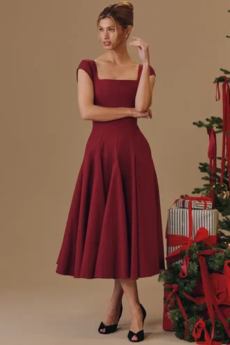 Raisa Wine Lace Back Twill Midi Dress Raisa Wine Lace Back Twill Midi Dress
