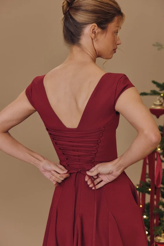 Raisa Wine Lace Back Twill Midi Dress Raisa Wine Lace Back Twill Midi Dress