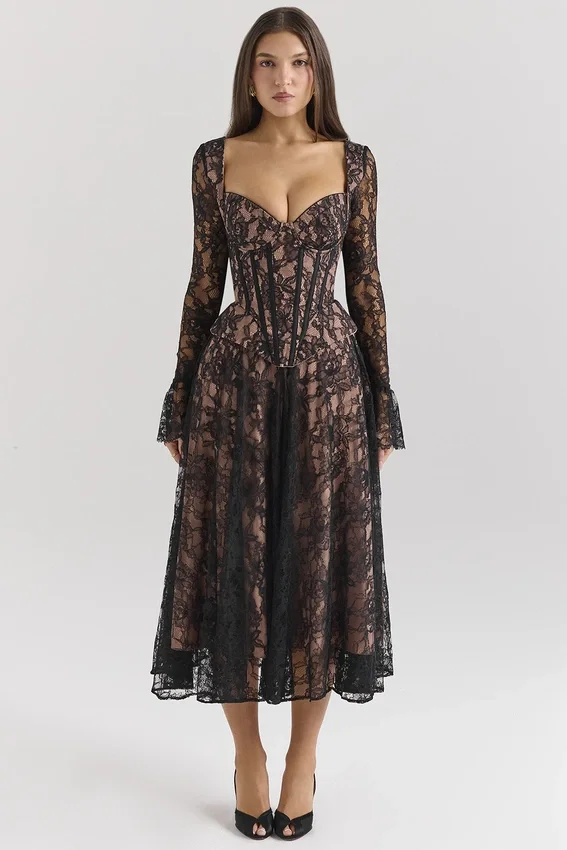Raquel Black Lace Corset Midi Dress Raquel Black Lace Corset Midi Dress