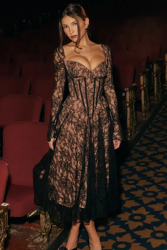 Raquel Black Lace Corset Midi Dress Raquel Black Lace Corset Midi Dress