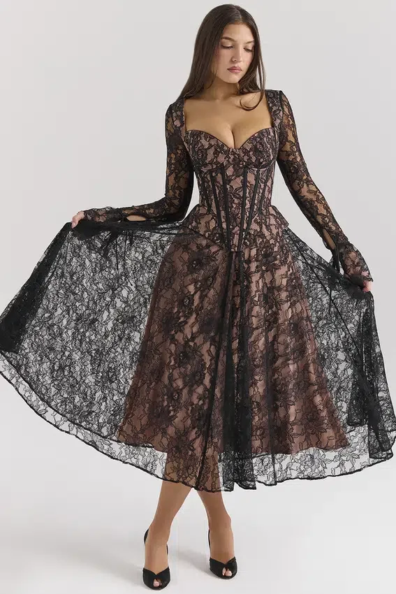 Raquel Black Lace Corset Midi Dress Raquel Black Lace Corset Midi Dress