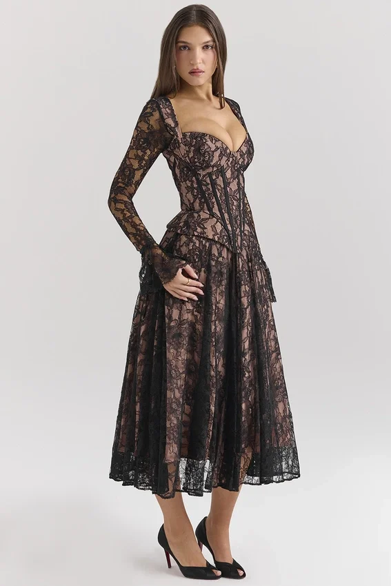 Raquel Black Lace Corset Midi Dress Raquel Black Lace Corset Midi Dress