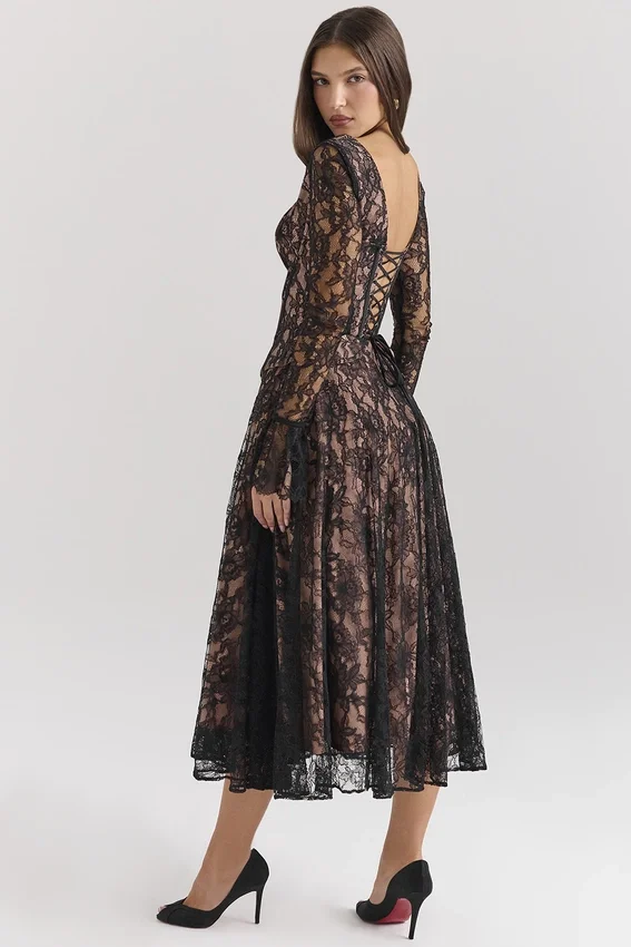 Raquel Black Lace Corset Midi Dress Raquel Black Lace Corset Midi Dress