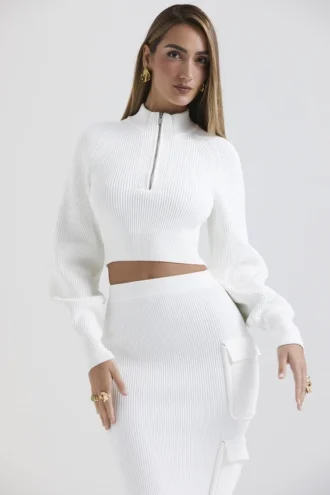 Reeva White Balloon Sleeve Ribbed Sweater
