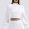 Reeva White Balloon Sleeve Ribbed Sweater